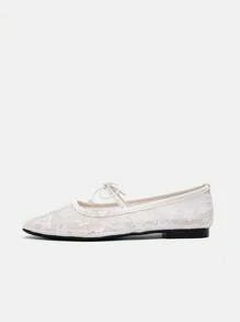 CUCCOO HITCHD Spring/Autumn 2025 New Arrival Wedding Style Mesh Mary Janes With Bow Decor, Solid Color Comfortable Casual Square Toe Flat Shoes, Versatile