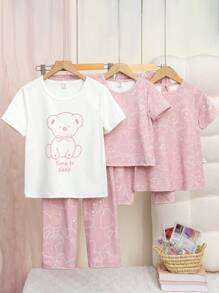 2pcs Young Girls Flame Retardant Cute Bear Print Casual Short Sleeve Top & Pants Pajama Set - Pink - View 1