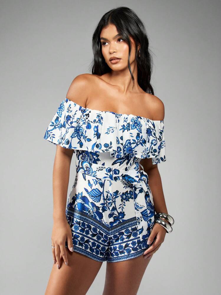 MISSGUIDED Printed Bardot Frill Layer Playsuit With Belt Summer Cute Romper - Blue - View 3
