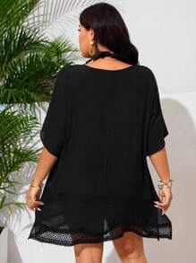 Swim Lushoire 大码女式 V 领花卉拼接性感休闲海滩罩衫 - 黑色 - 查看 2