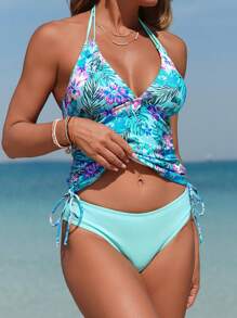 Swim Lushoire Women's 2 Pieces Tankini Swimwear Set, Halter Neck With Adjustable Straps, Drawstring Waist, V-Neck Flatter Design, Casual & Comfortable For Vacation Swimming For Summer