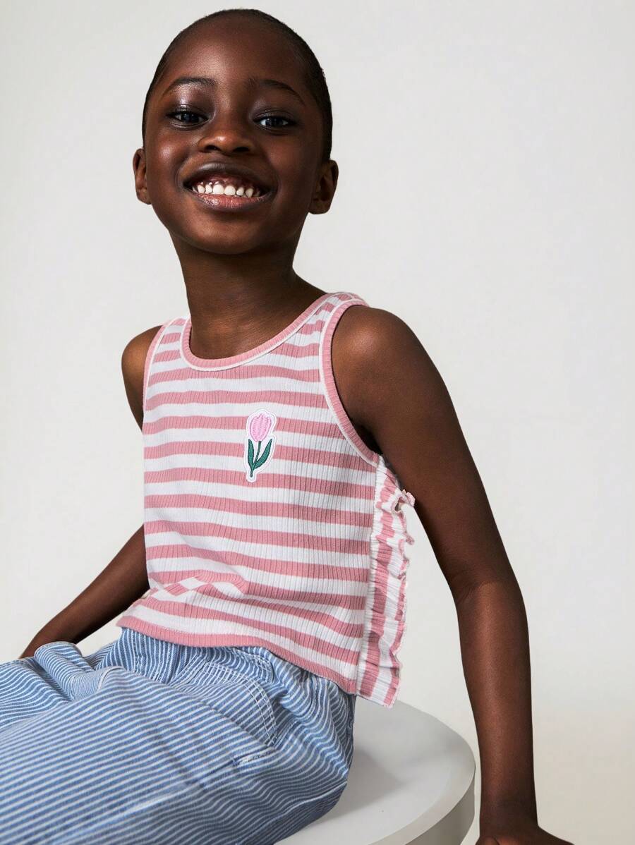 SHEIN Young Girls Floral Embroidered Pink Striped Ruffled Tank Tops & Camis, Casual Everyday Style