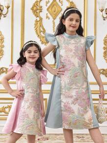 SHEIN Tween Girl Loose Elegant Jacquard Patchwork Ruffle Sleeve Round Neck A-Line Dress - Green - View 3