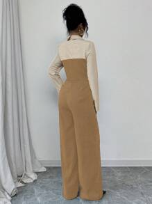 Chiquease 休闲百搭通勤连体裤，纽扣衬衫款式，开叉腰部撞色条纹细节，秋冬款