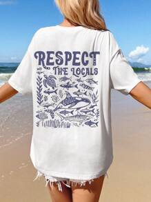 Tseoso 超大号休闲“尊重当地人”海洋度假印花鲸鱼、海龟和海洋生物图案 T 恤，柔软棉混纺（>=50% 棉），适合夏季