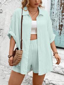 SHEIN Clasi Conjunto de 2 piezas de talla grande informal de unicolor con camisa de hombros caídos y pantalones cortos sueltos para vacaciones - verde menta - Ver 6