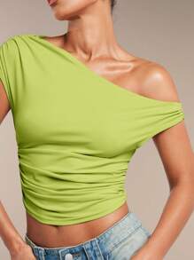 SHEIN BAE 女款純色抓皺斜肩不對稱下擺夏季上衣 - 青檸色 - 查看 5