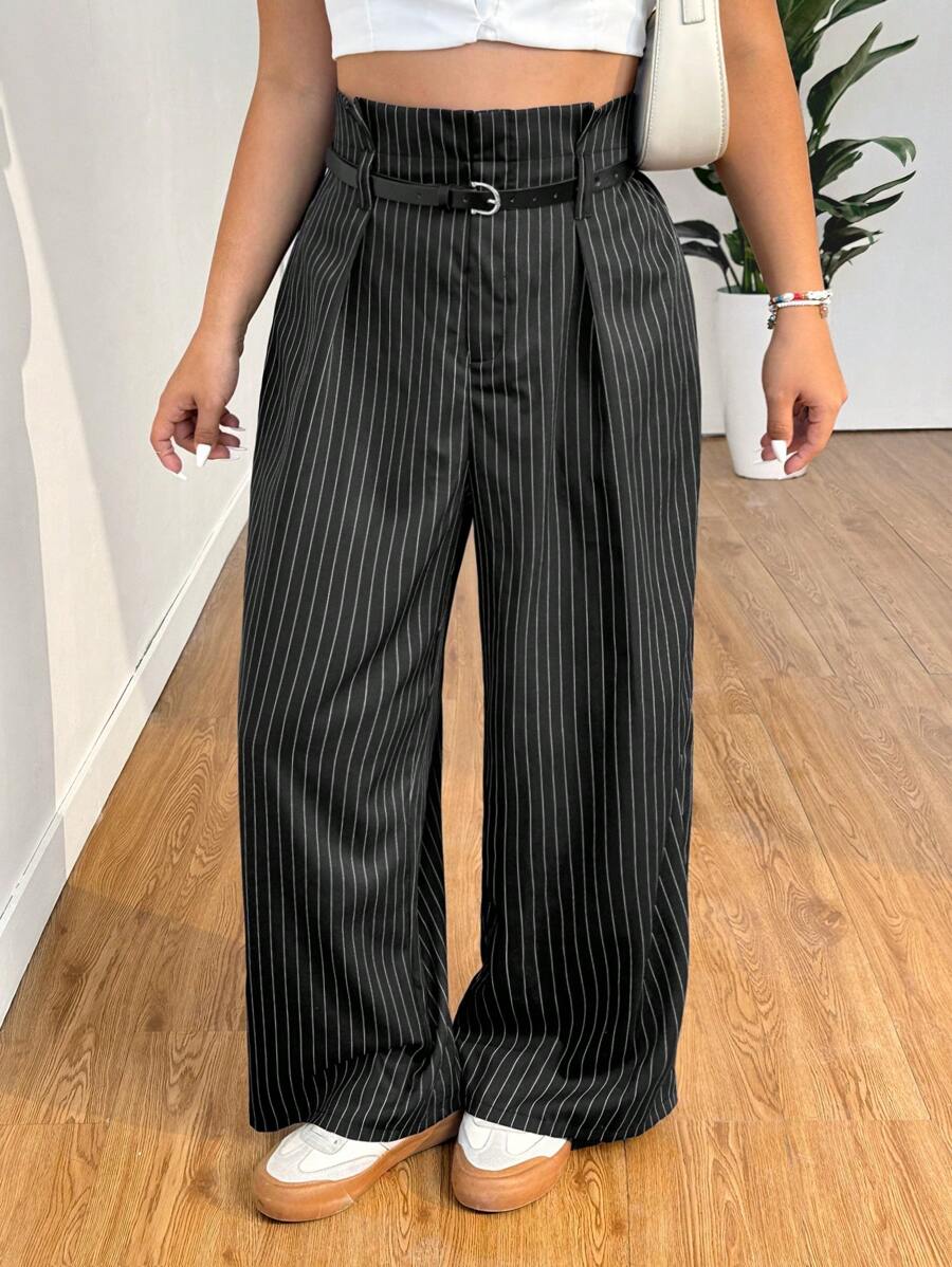 SHEIN EZwear Plus Size Black Striped Pleated Wide Leg Pants, Casual Daily Wear For Spring & Summer - Black - View 1