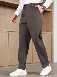 Manfinity Homme Plus Size Men's Solid Color With Pocket Straight Loose Casual Pants - Dark Grey - View 3