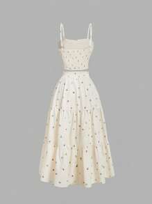 SHEIN MOD Bộ 2 món gồm áo hai dây xếp ly ngực họa tiết hoa nhí và chân váy xếp tầng màu mơ, phong cách Boho, thích hợp cho buổi hòa nhạc, lãng mạn, mùa hè, lễ hội, cổ điển, thanh lịch, kỳ nghỉ, tiệc tùng, thướt tha, tiệc trà, kín đáo, trang phục hoa nhí cho nữ. - Màu be - Xem 2