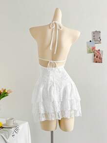 Soleia Vestido corto de mujer con escote en V y lazo en el cuello, diseño de espalda de encaje, ideal para la playa y vacaciones de verano románticas - Blanco - Ver 2