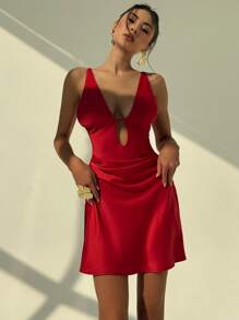 Aloruh Vestido corto sin mangas con escote en V profundo en unicolor para mujer - Rojo - Ver 1