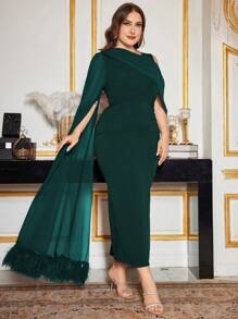Modelyn Plus Size Elegant Solid Color Fur Trim Asymmetric Extra Long Sleeve Fitted Dress, Spring/Summer - Green - View 5