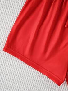 2pcs Women Contrast Color Cherry Print Drawstring Shorts Sleepwear Set - Multicolor - View 3