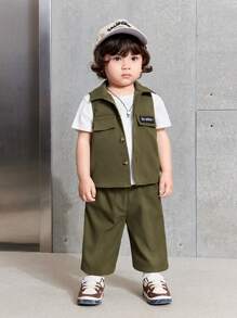 SHEIN 3pcs Baby Boy/Girl Olive Green Vest,Short Sleeve T-Shirt And Pants Set,Autumn Street Life Casual Graphic Street Fashion,Vacation Soft Sporty Outfit - Green - View 3
