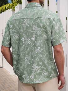 Manfinity RSRT 男士前开襟短袖印花休闲度假衬衫，送给丈夫和男友的夏季热带风情礼物 - 綠色 - 查看 2