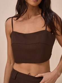 MUSERA Thin Strap Woven Tailored Fitted Cropped To Only Spring Summer Fall - Coffee Brown - View 2