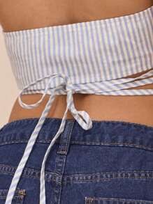 MUSERA Open V-Neck Button Detail Striped Strappy Tie Waist Bralette Spring Summer Vacation Cute Fall