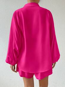 Chiquease 女士休闲纯色灯笼袖上衣和短裤套装 - 玫紅色 - 查看 5
