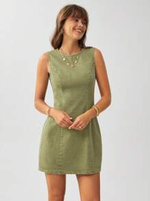 Wildy BOHO Sage Green Dress Western Wear Women Women Sleeveless Round Neck Bodycon Distressed Mini Dress - Army Green - View 6