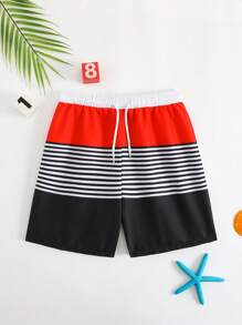 Tween Boy Stripe Patchwork Solid Colored Beach Shorts, Woven Fabric With Nylon Drawstring Waist
