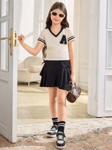 SHEIN Tween Girls Knitted Jacquard V-Neck Contrast Shirt Collar With Letter Patch Short-Sleeved T-Shirt, American Campus, Casual Sports, Fashionable Street,Back To School,Mommy And Me Matching