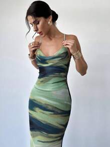 Firerie 女式夏季优雅度假性感渐变扎染 V 领露背蕾丝覆盖紧身中长吊带连衣裙