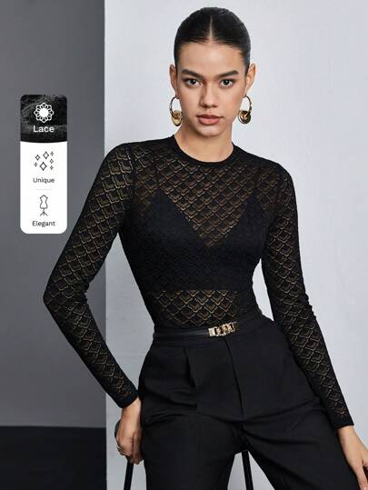 BizChic Blusa negra de encaje calado para mujer, elástica, de cuello redondo, de manga larga, para uso urbano y casual, básica, adecuada para Navidad, Halloween, fiestas y bodas