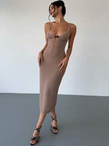 Firerie New Elegant Apricot Deep V-Neck Hollow Out Backless Cross Strap Fitted Crochet Spaghetti Strap Dress, Vacation Style, Spring/Summer Concert Rave Outfit Women