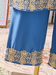 Teen Girls 2 Pieces Set - Embroidered Applique Top & Pants, Braid Trim Poncho - Blue - View 5