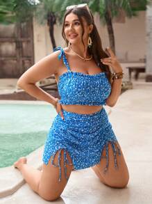 Swim Mod Plus Size 3pcs Set: Ditsy Floral Tankini Top With Adjustable Tie Strap, Matching Print Triangle Bikini Bottoms, And Ruffle Hem Skirt, Elegant Lady Swimwear For Pool Party For Summer Beach Vacation - Multicolor - View 4