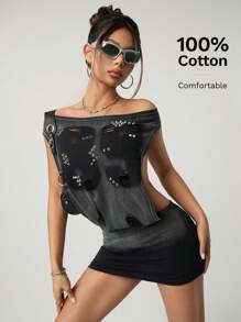 SHEIN ICON 女式仿旧定位水洗铆钉装饰露背性感迷你连衣裙 - 黑色 - 查看 1