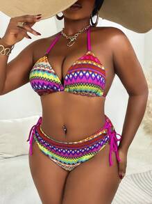 SHEIN Slayr CURVE Conjunto de bikini sexy de 2 piezas de talla grande con tela texturizada y tirantes de amarre, traje de baño para playa y vacaciones