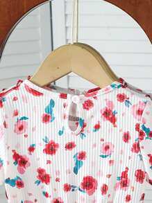 Baby Girls Floral Pattern Knitted Mesh Splicing A-Line Dress With Adjustable Waistband, Summer - Red - View 4