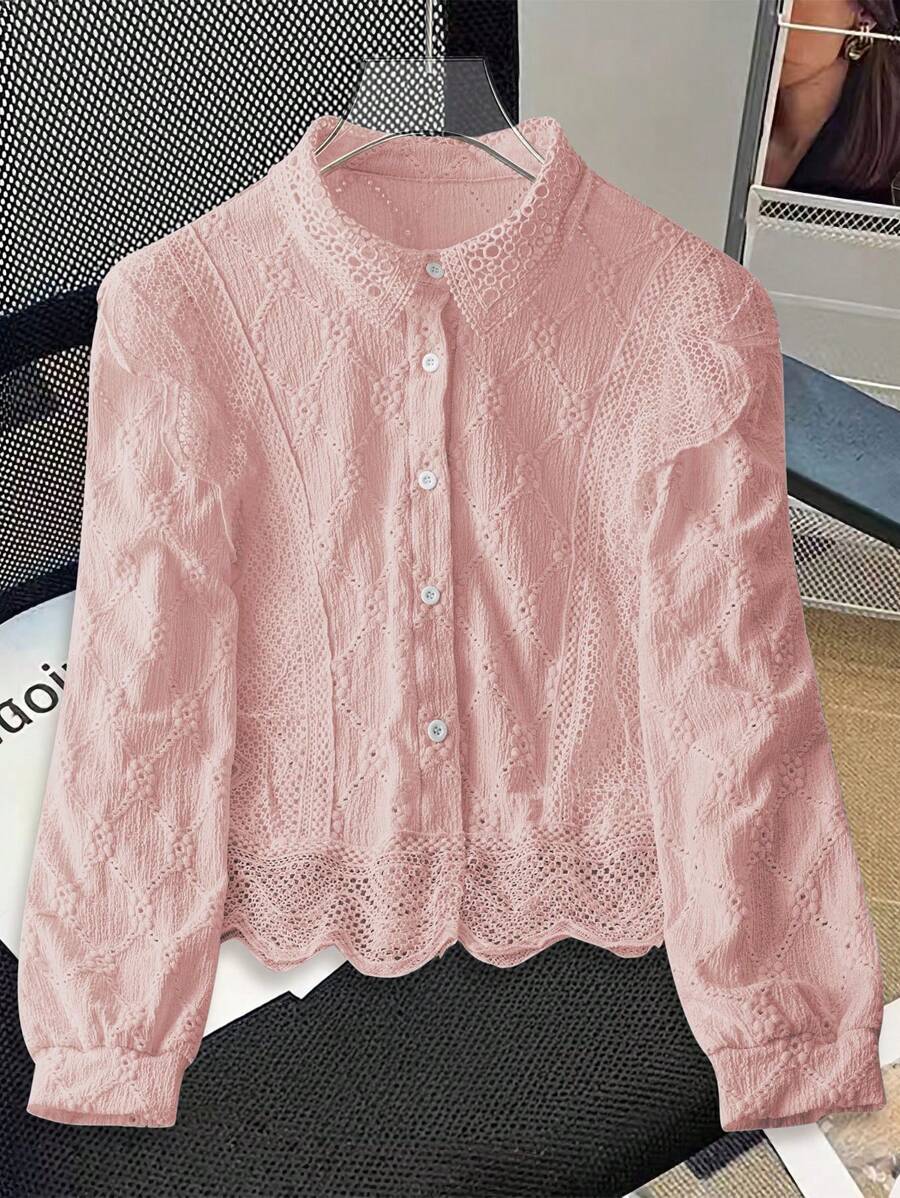 Chiquease Minimalist Solid Color Hollow Embroidered Women Blouse For Commuting Fall Cloth For Women - Baby Pink - View 1