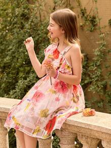 SHEIN Tween Girl Floral Water Print Ruffle Hem Dress, Elegant - Multicolor - View 5