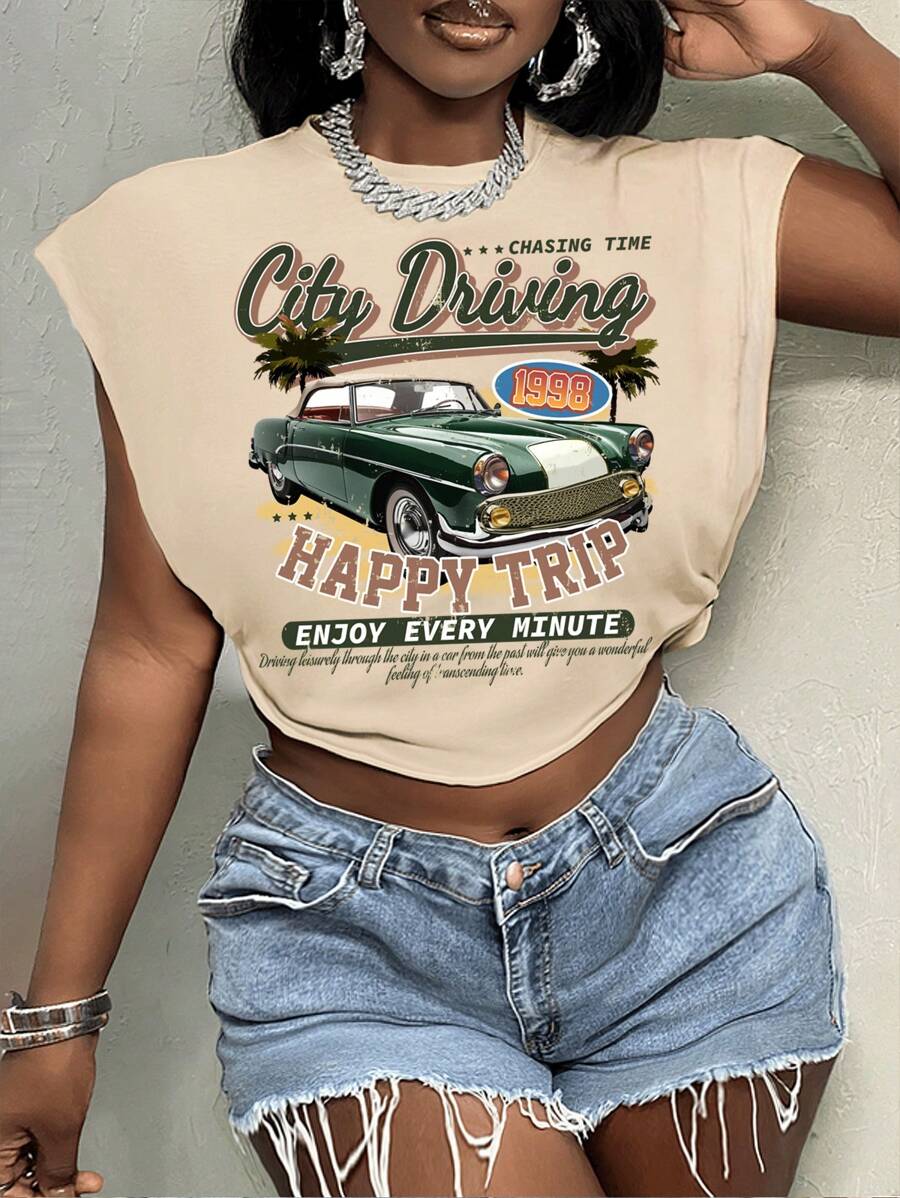 Slaydiva Camiseta corta de manga corta con cuello redondo y gráfico de coche y letra vintage, ajustada, adecuada para otoño e invierno, para mujer - Beis - Ver 1