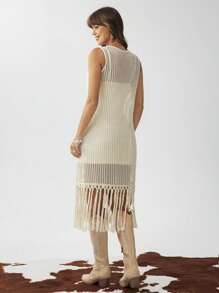 SHEIN LUNE Women's Crew Neck Sleeveless Lined Crochet Tassel Trim Long Vacation Casual Dress - Apricot - View 5