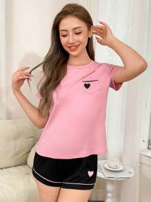 Dream Adore Set de pijama de 2 piezas con top tipo camiseta y shorts con diseño de corazón para mujer