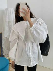 DAZY 女式蕾丝拼布彼得潘领灯笼袖衬衫，秋季女装，返校服长袖上衣 - 白色 - 查看 4