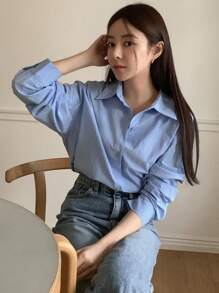 DAZY 女士纯蓝色休闲衬衫，商务休闲 - 藍色 - 查看 6