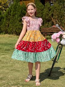 SHEIN Tween Girl Casual Ditsy Floral Peplum Ruffle Sleeve Dress - Multicolor - View 5