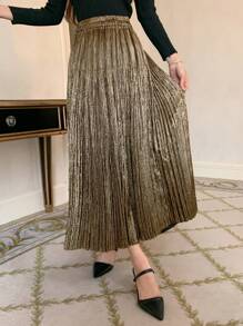 DAZY 女士金属色弹力腰长款褶皱A字裙 - 金色 - 查看 5