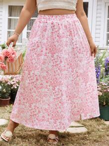 SHEIN VCAY Plus Size Floral Print Split Side Vacation Summer Romantic Brunch Skirt, For Women Appointment - Red and White - View 4