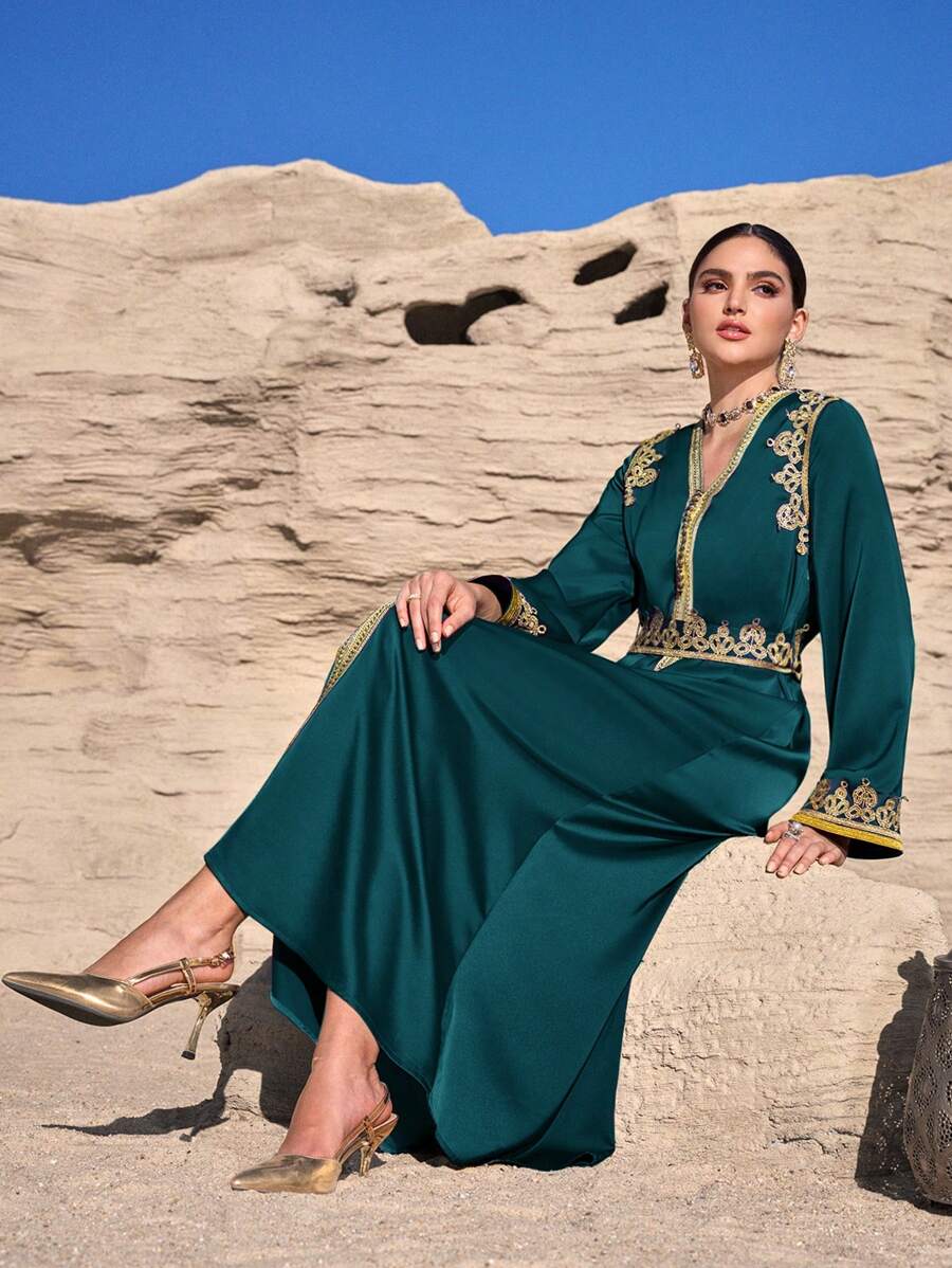 Al Najma Women's Elegant Ribbon Trim Arabian Dress,Modest - Dark Green - View 1