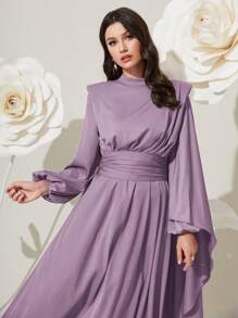 Modelyn 勃艮第红色女士纯色立领短袖阿拉伯朴素长袖连衣裙长款晚礼服