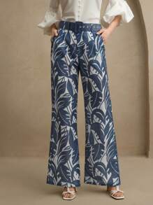 Anewsta Tropical Rainforest Print Long Flared Waisted Urban Dress Pants, Spring/Summer - Blue - View 6