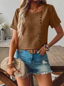EMERY ROSE Spring & Summer Casual Button Decor Bamboo Fiber Blouse - Brown - View 6