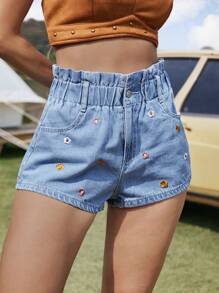 Breezaya Pantalones cortos vaqueros de cintura alta con bordado floral estampado y bolsillo con botón, ropa occidental de estilo bohemio para mujer