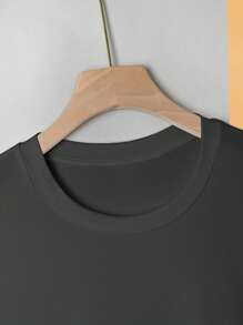 女士休闲圆领落肩樱桃印花T恤，夏季 - 深灰色 - 查看 4